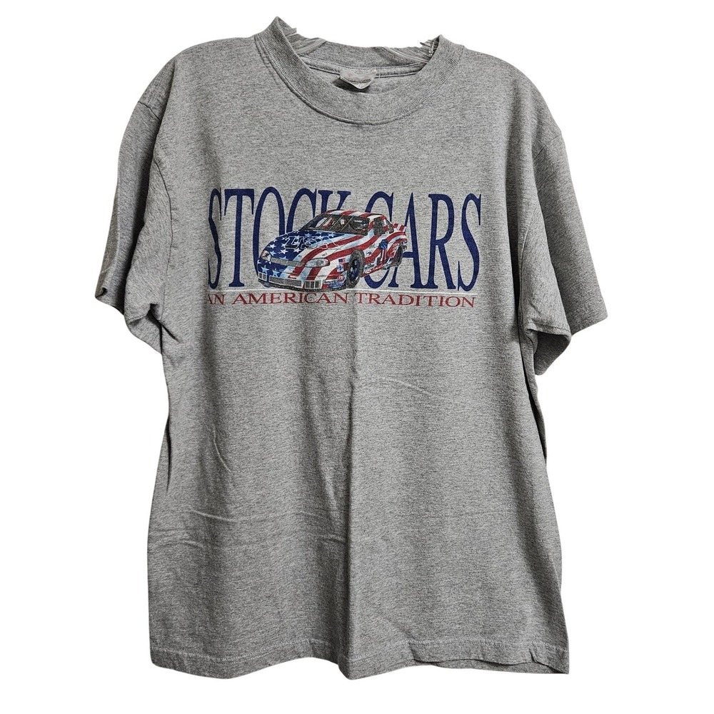 Vintage Stock Cars American Tradition Tee Cotton Super Weight T-Shirt Men L Gray